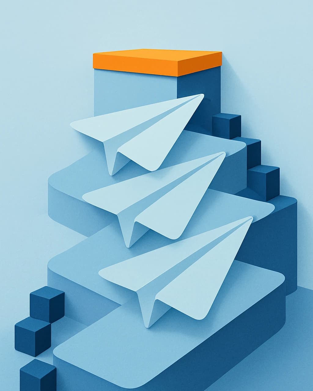 Stylised illustration of builders ascending broad steps toward a shared platform