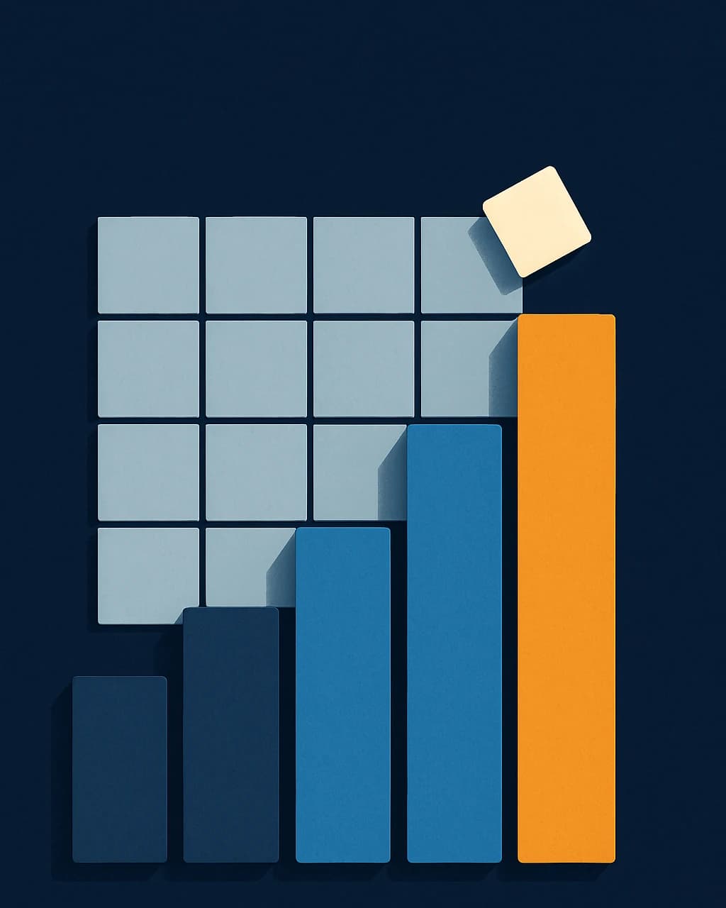 Illustration: a rising row of bars climbing across a grid of creative tiles, the tallest bar highlighted