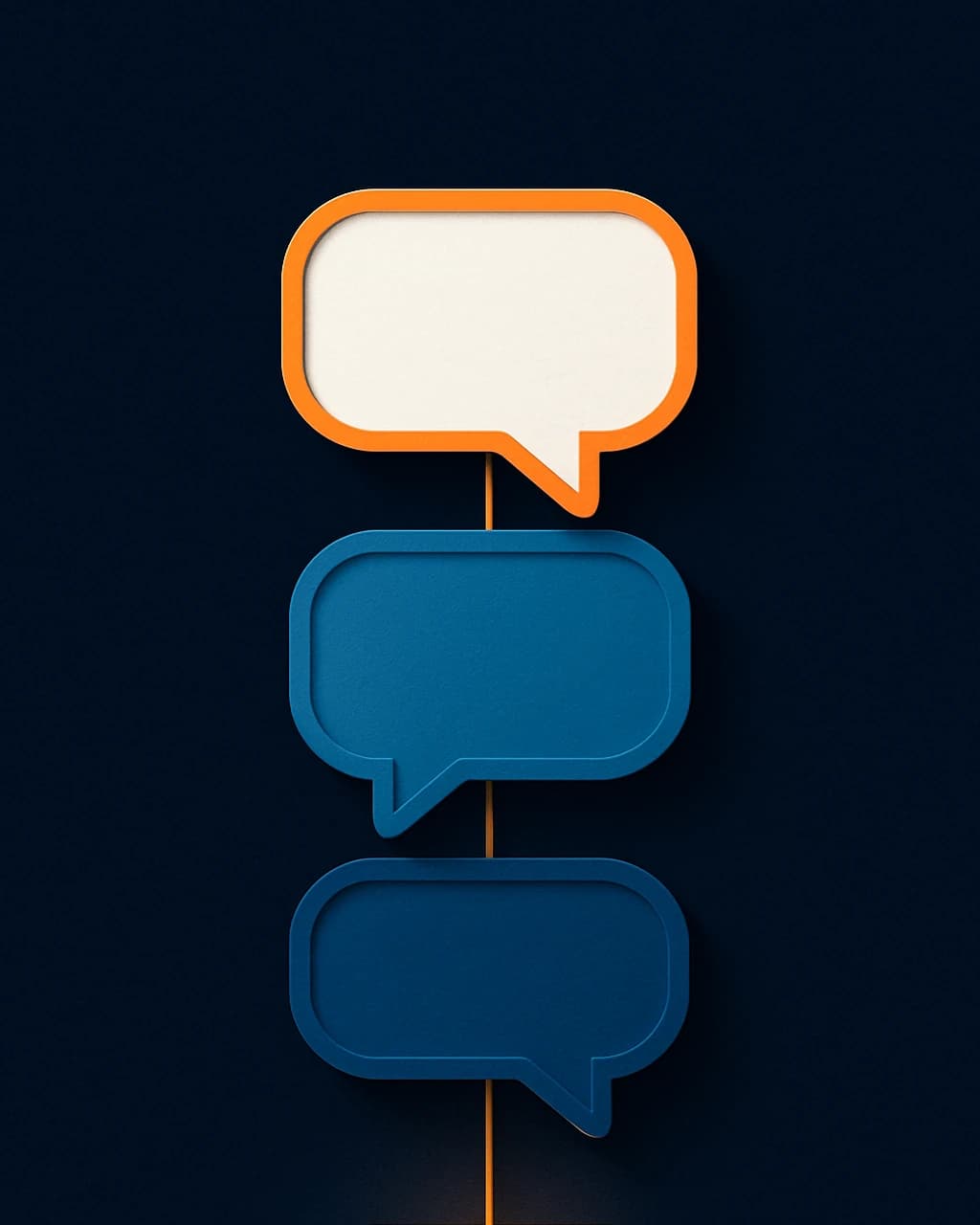 Illustration: a column of speech bubbles each connected by a thread to one glowing source slab