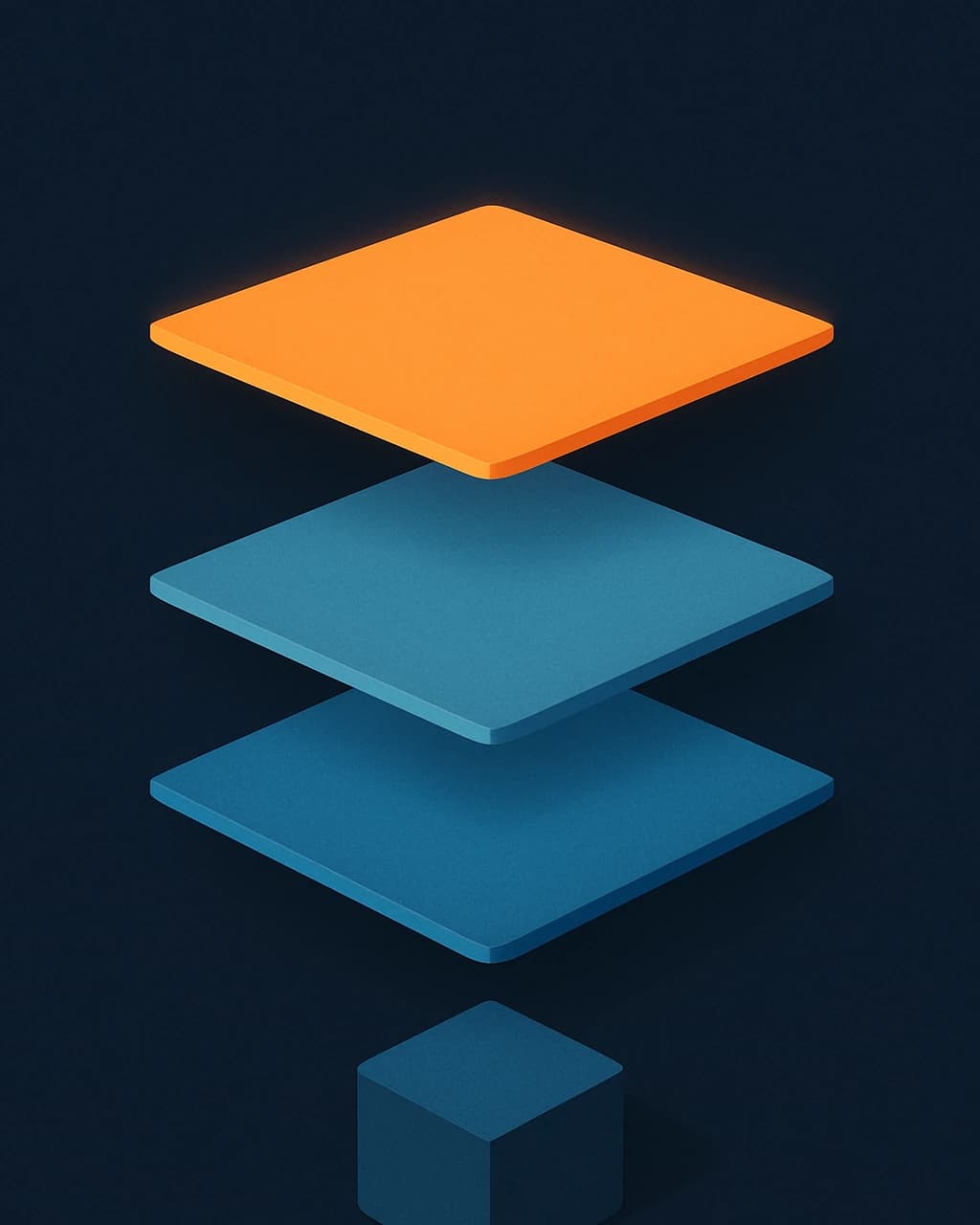 Illustration: a single idea cube feeding ascending assembly layers that culminate in one deployed platform plane