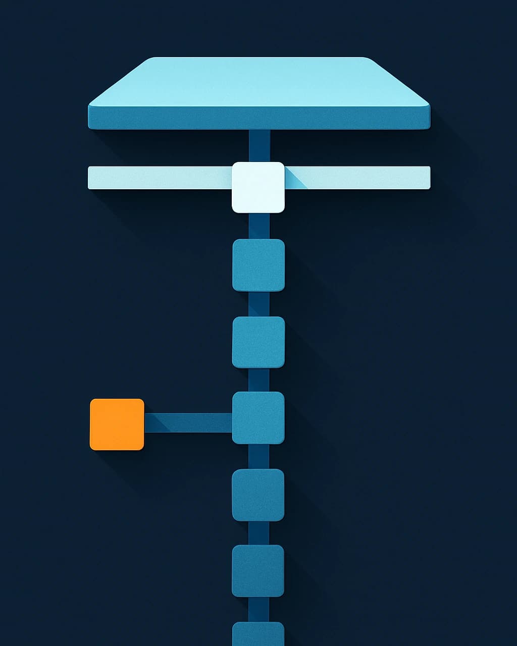 Illustration: a chain of commit blocks flows up through a bright gate onto a deployed platform, one failing block diverted aside