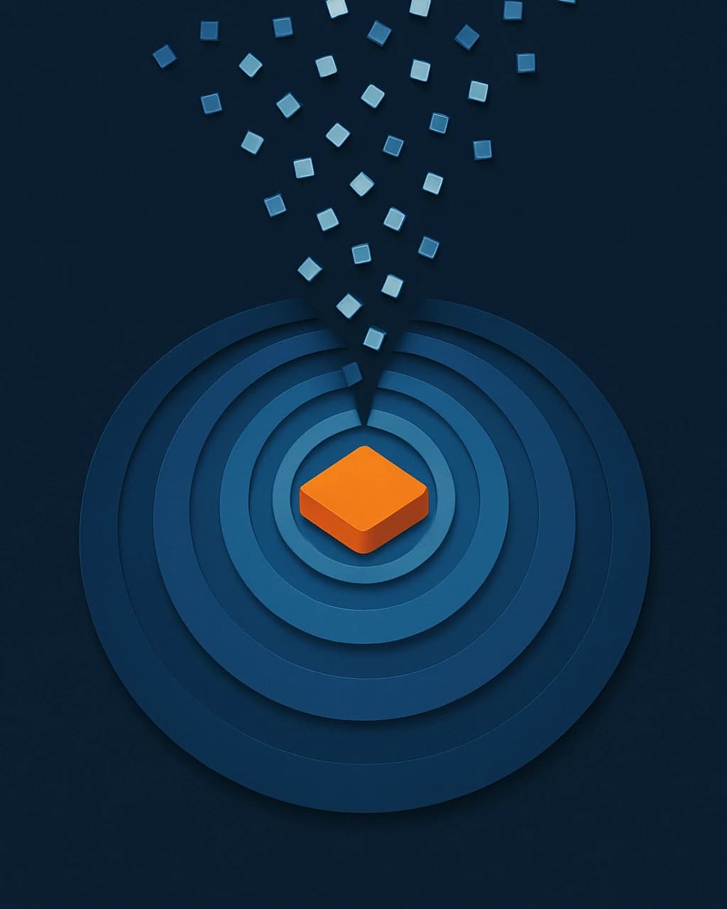 Illustration: scattered keyword squares funnel down through narrowing rings into a single bright slab