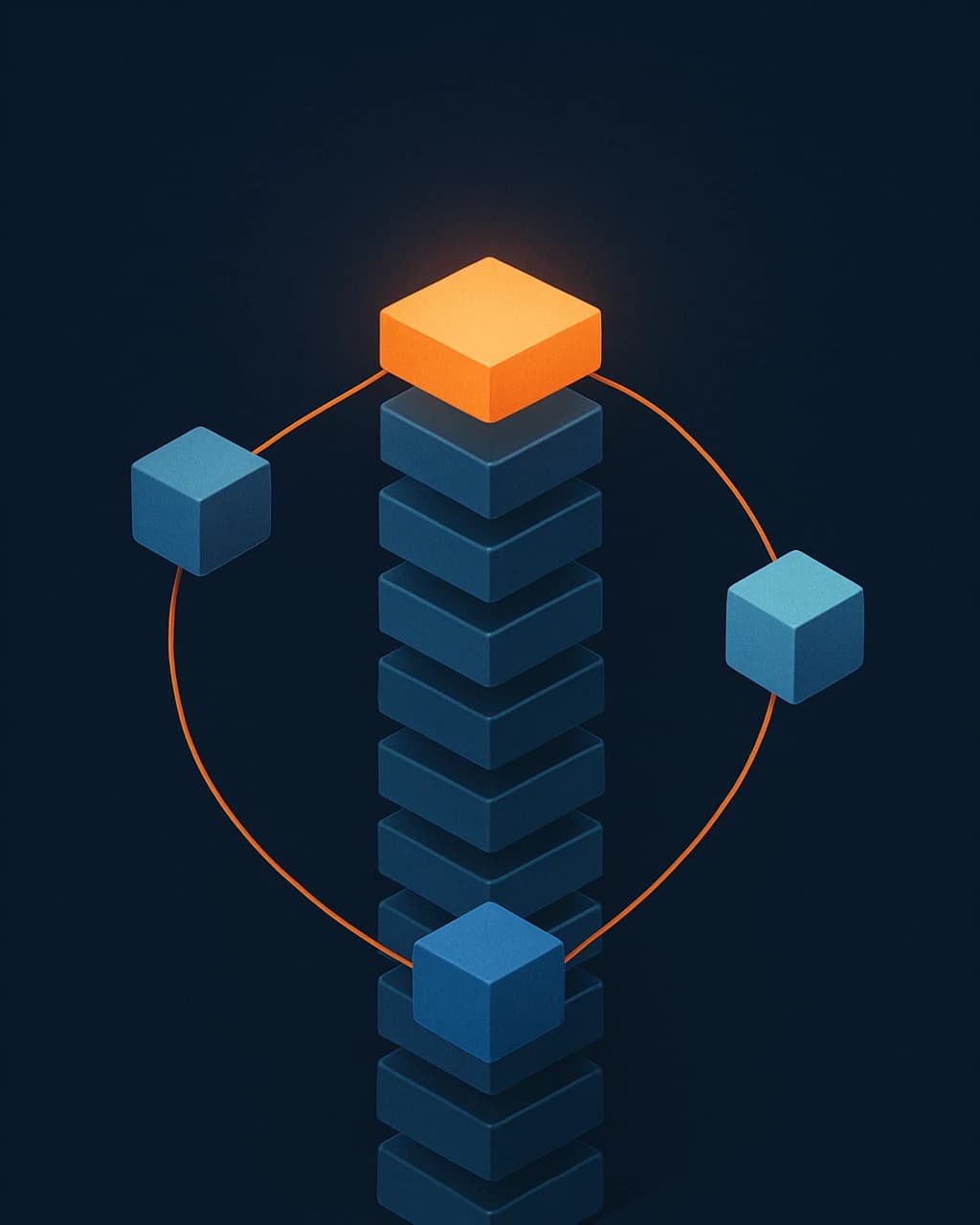 Illustration: three agent cubes linked by threads to a tall column of audit layers, the top layer glowing