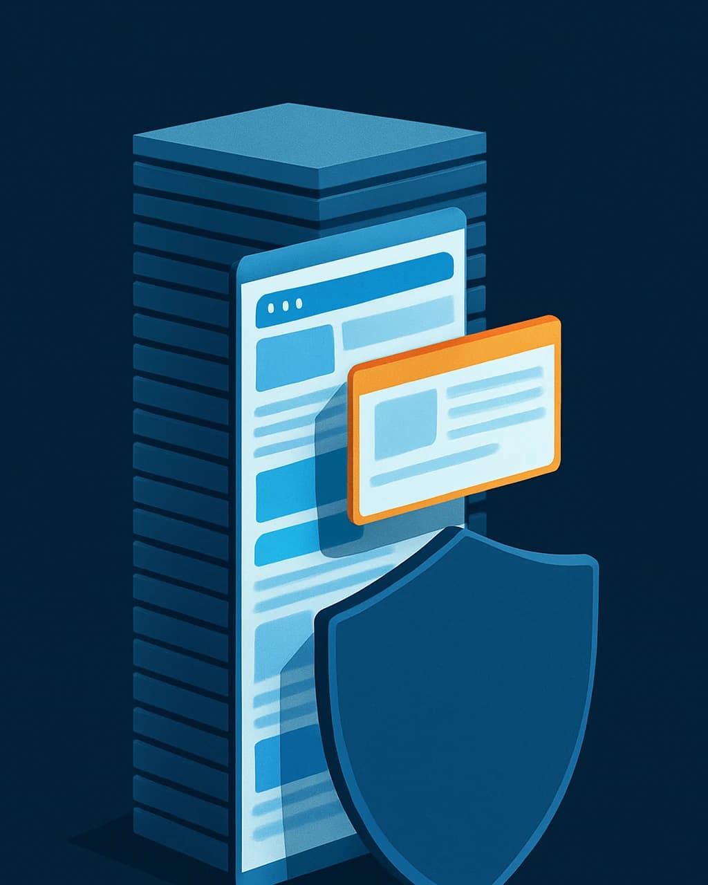 Illustration: a stack of identical site tiles behind a shield, one tile pulled out and highlighted for inspection